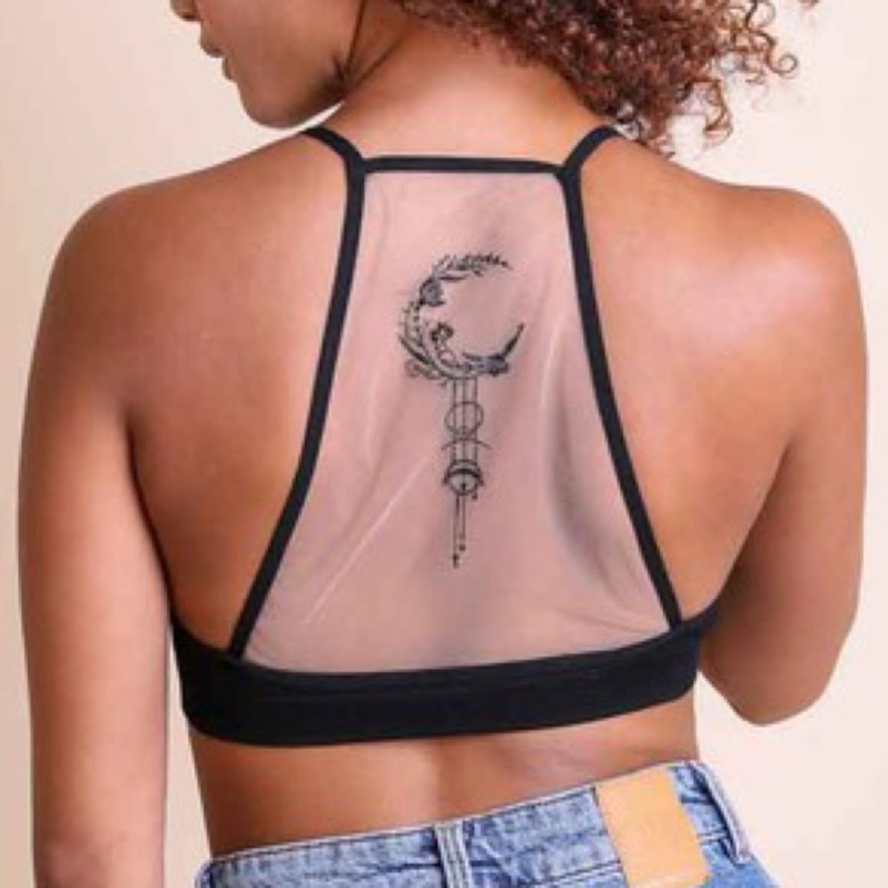 Bohemian Black Boho Crescent Moon Mesh Tattoo Racerback Bralette XS/S M/L